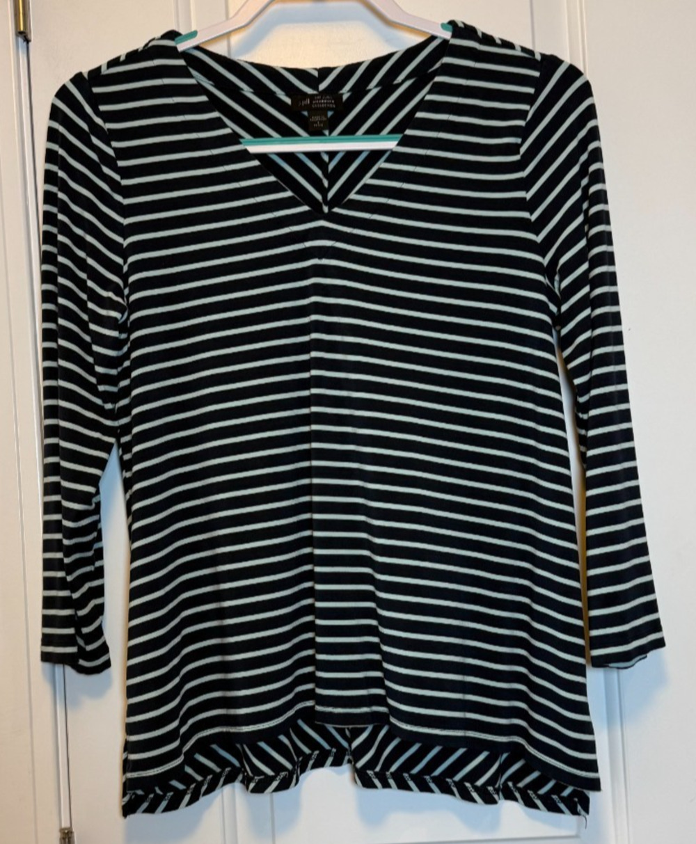J Jill Wearever Top PS Womens Navy Mint Striped V Neck 3/4 Sleeve Stretch Travel